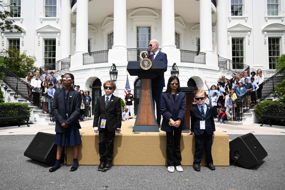 President Joe Biden speaks in a Take Your Child to Work Day welcome on the White House South Lawn on 27 April 2023 (AFP via Getty Images)