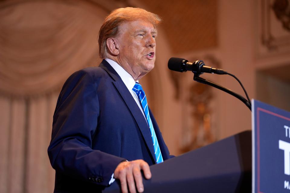 Former President Donald Trump speaks at a Super Tuesday election night party Tuesday, March 5, 2024, at Mar-a-Lago in Palm Beach, Florida.