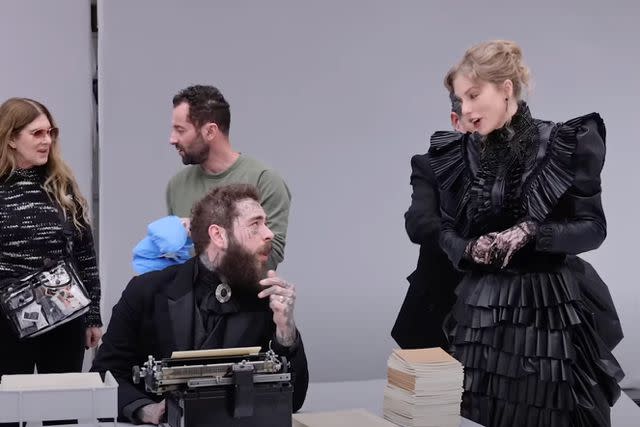 <p>Taylor Swift/YouTube</p> Taylor Swift and Post Malone behind-the-scenes of their "Fortnight" music video