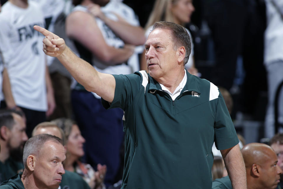 Michigan State coach Tom Izzo directs the team during the second half of an NCAA college basketball game against Northern Arizona, Monday, Nov. 7, 2022, in East Lansing, Mich. (AP Photo/Al Goldis)