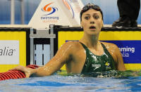 Australian swimmer Stephanie Rice reacts after winning her heat of the women's 200m freestyle during the Australian Olympic selection trials swim meet in Adelaide on March 17, 2012. (DAVID MARIUZ/AFP/Getty Images)