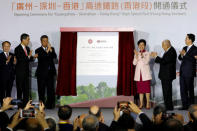 (L-R) Director of China's Liaison Office in Hong Kong Wang Zhimin, Former Hong Kong Chief Executive Leung Chun-ying, Guangdong governor Ma Xingrui, Hong Kong Chief Executive Carrie Lam, Former Chief Executive Tung Chee-hwa and director of the Hong Kong and Macau Affairs Office Zhang Xiaoming attend the opening ceremony of the Hong Kong Section of the Guangzhou-Shenzhen-Hong Kong Express Rail Link, in Hong Kong, China September 22, 2018. REUTERS/Tyrone Siu