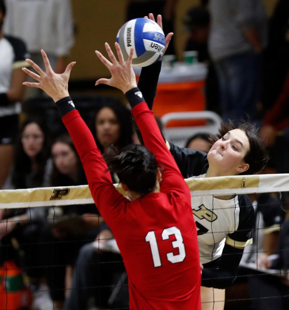 Purdue Boilermakers Eva Hudson (17) spikes the ball during the NCAA volleyball match against the Nebraska Cornhuskers, Wednesday, Oct. 19, 2022, at Holloway Gymnasium in West Lafayette, Ind. Nebraska won 3-0.