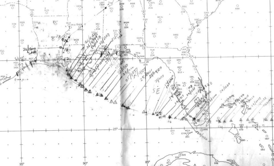 Hand plot of Hurricane Andrew from the National Hurricane Center. Hurricane Andrew hit South Florida Aug. 24, 1992 and then made landfall in Louisiana Aug. 26, 1992.