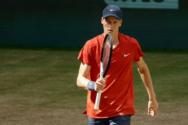 Jannik Sinner reacts after winning a point in Halle