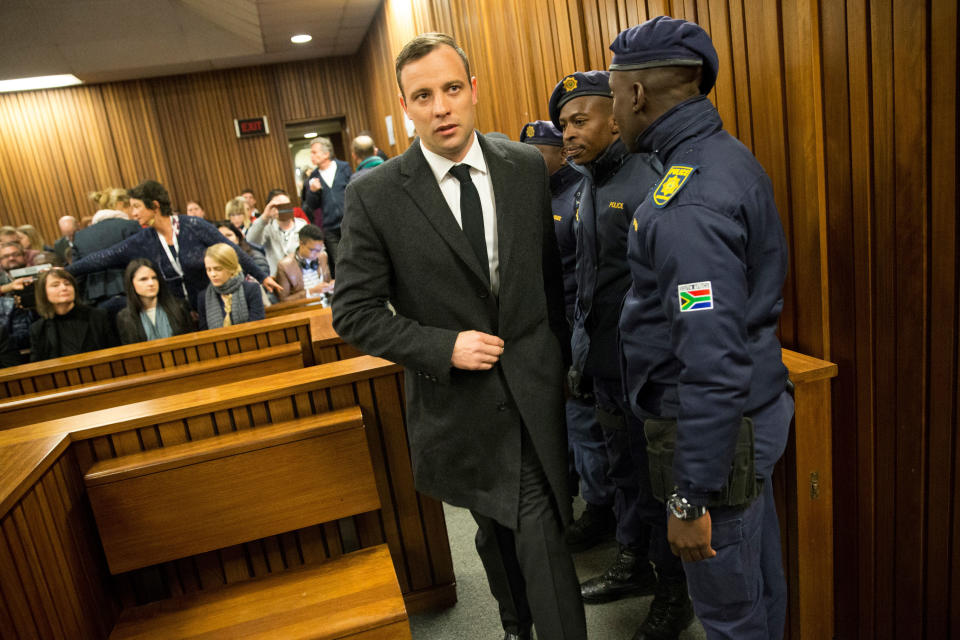 Paralympian athlete Oscar Pistorius, accused of the murder of his girlfriend Reeva Steenkamp three years ago, arrives at the High Court in Pretoria, on July 6, 2016 for a hearing in his murder trail. Paralympian Oscar Pistorius will learn on July 6 how long he will spend in jail when a judge sentences him for murdering his girlfriend Reeva Steenkamp three years ago. Pistorius was freed from prison in the South African capital Pretoria last October after serving one year of a five-year term for culpable homicide -- the equivalent of manslaughter.  / AFP PHOTO / POOL / MARCO LONGARI (Photo by Xinhua/Sipa USA)