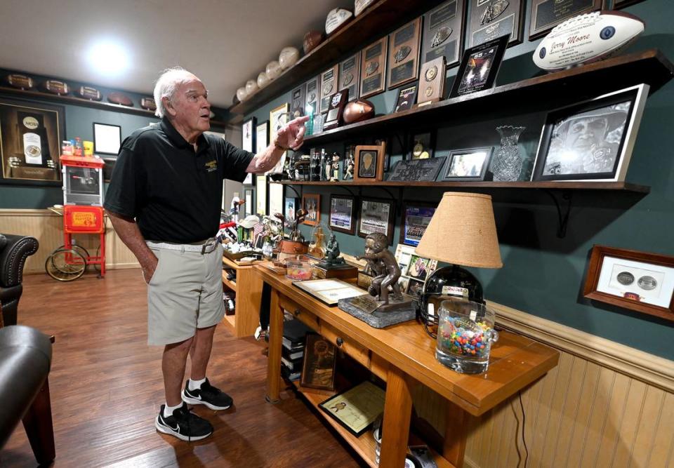 Jerry Moore’s walls are lined with memorabilia from his career. Of whether Michigan took Appalachian State too lightly in 2007, Moore said: “Probably to some degree, I think they did. And then most instances in sports, that’s the worst thing you can do.”