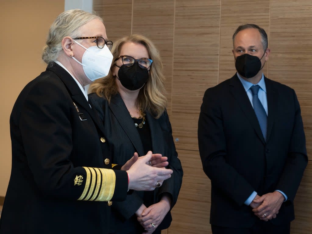 US assistant health secretary Rachel Levine speaks with doctors during a visit to a children’s hospital in Columbus, Ohio on 2 March (Alie Skowronski/The Columbus Dispatch via AP)