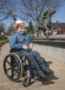 Ron Turcotte poses next to a statue of him and Secretariat in Grand Falls, New Brunswick, Canada, on Wednesday, May 31, 2023. Turcotte rose to the heights of the horse racing world, riding Secretariat to a sweep of the Kentucky Derby, Preakness and Belmont in 1973. (AP Photo/Stephen MacGillivray)