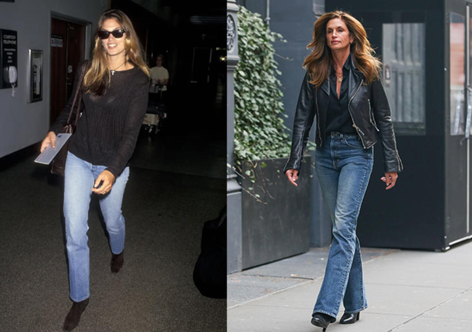 Cindy Crawford wears straight-leg jeans and a black top in 1993 and in 2024
