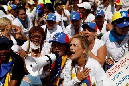 Lilian Tintori (R), wife of jailed Venezuelan opposition leader Leopoldo Lopez, shouts slogans during a women's march to protest against President Nicolas Maduro's government in Caracas, Venezuela, May 6, 2017. REUTERS/Carlos Garcia Rawlins