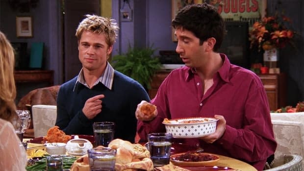 Brad Pitt and David Schwimmer in "Friends" Thanksgiving episode "The One With the Rumor"<p>HBO</p>