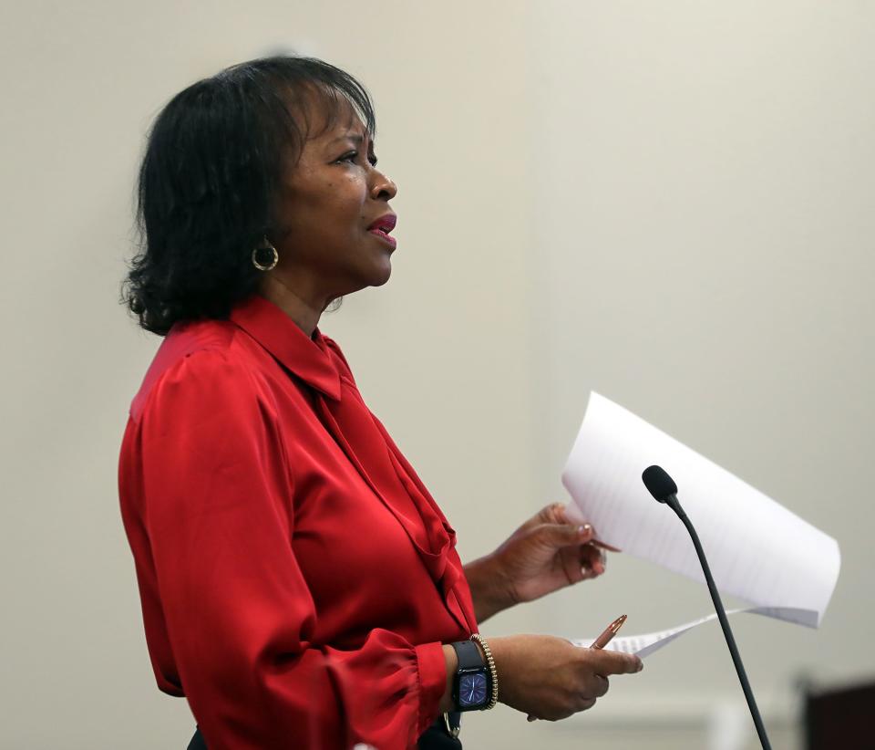 APS board member Barbara Sykes speaks during an Akron Public Schools board meeting, Monday, Feb. 12, 2024, in Akron, Ohio.