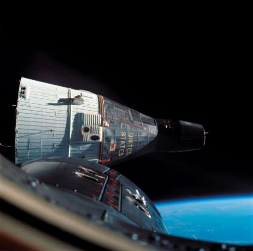 A photograph taken by Gemini VII piloted by crewmembers Jim Lovell and Frank Borman during a mission in which Gemini VI and VII successfully completed the first rendezvous of two spacecrafts