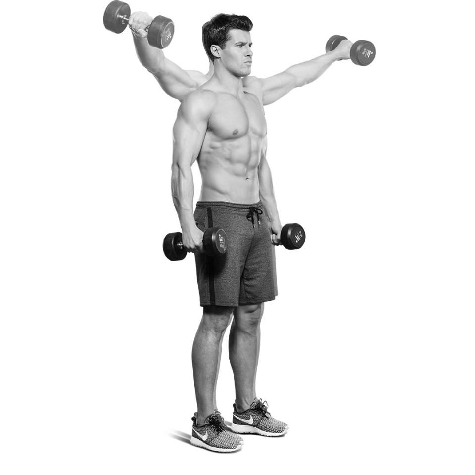 1) Three-Way Shoulder Raise: 3 sets of 5 reps