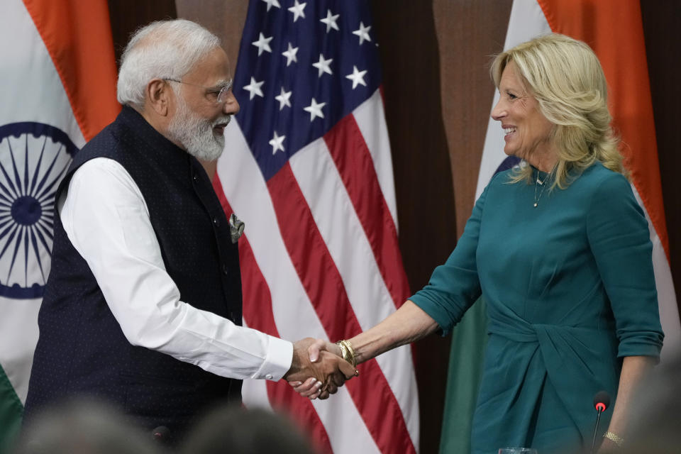 First lady Jill Biden and India's Prime Minister Narendra Modi shake hands at the National Science Foundation in Alexandria, Va., Wednesday June, 21, 2023. (AP Photo/Jacquelyn Martin)