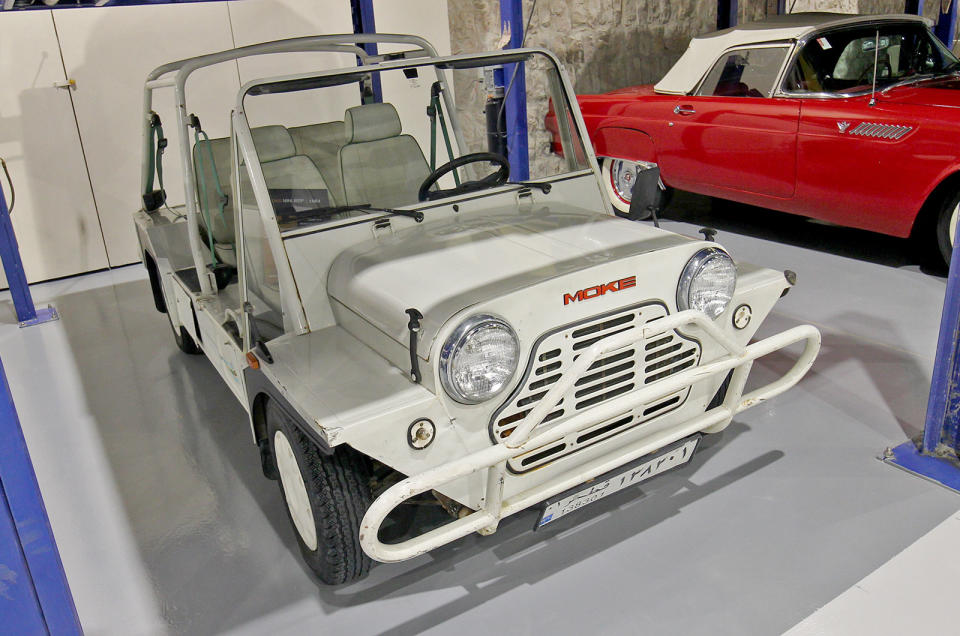 <p>The sign inside the car says 'Mini Jeep 1964' but this is actually a Mini Moke from much later than that. The integral roll cage and nudge bars mark this out as one of the later Portuguese-built Mokes, produced at some point in the 1980s.</p>