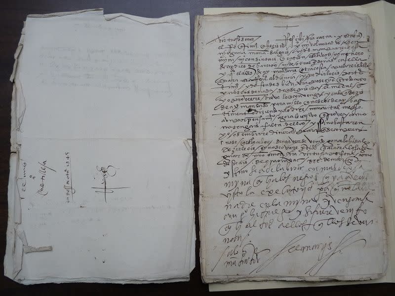 A Hernan Cortes letter, signed "El Marques", to his mines administrator Pedro de Castilleja is seen in Mexico City