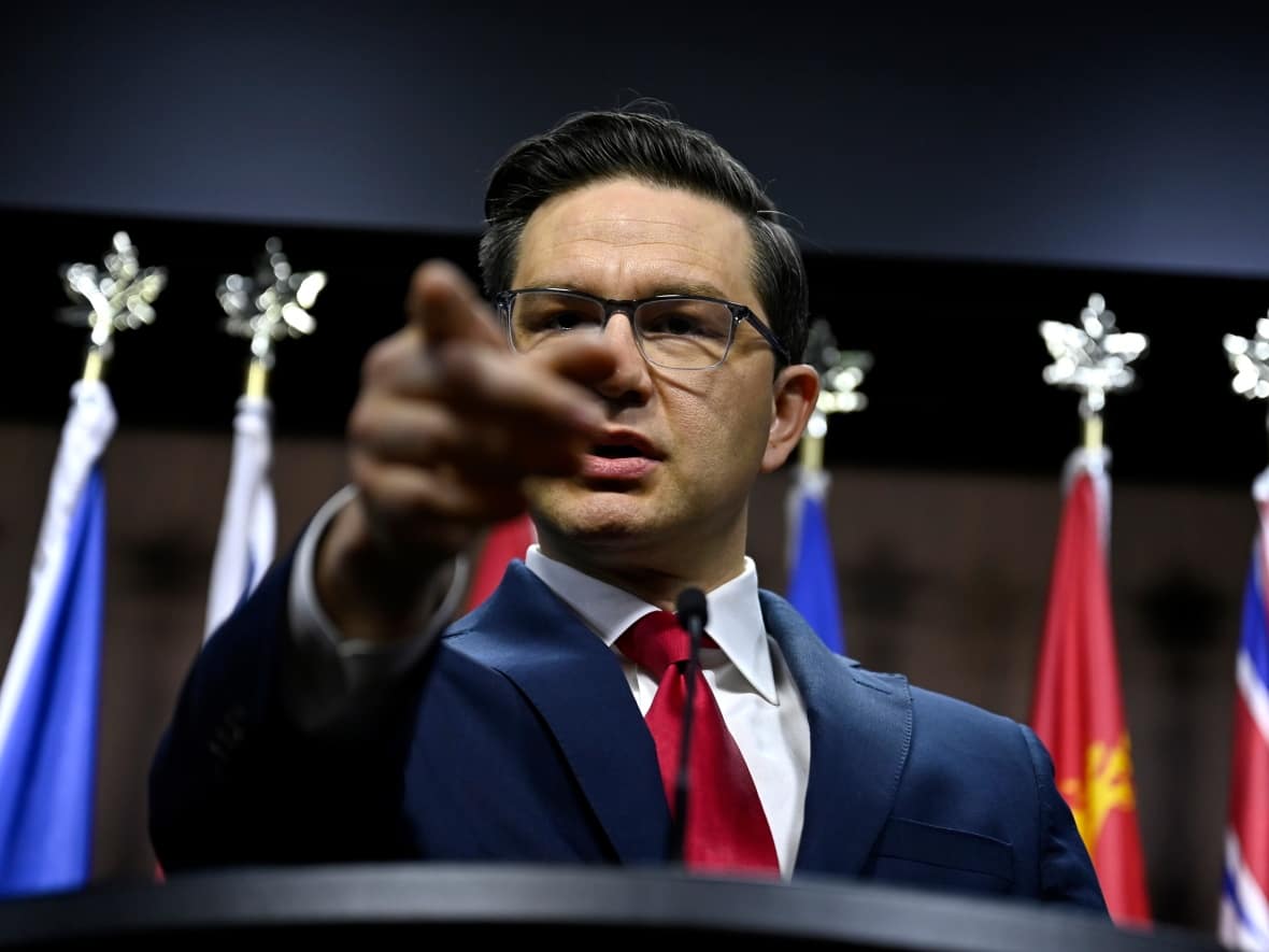 Conservative Leader Pierre Poilievre points a journalist during a press conference on Parliament Hill. (Justin Tang/Canadian Press - image credit)