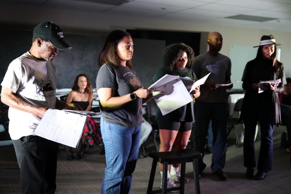 From left, Alvin Taylor, left, Dawnielle Smith, Janae Morris, Eddie Stephens and Myrtle Hyde Sample rehearse June 19 for a new play called "Displacement: Stories from Section 14."