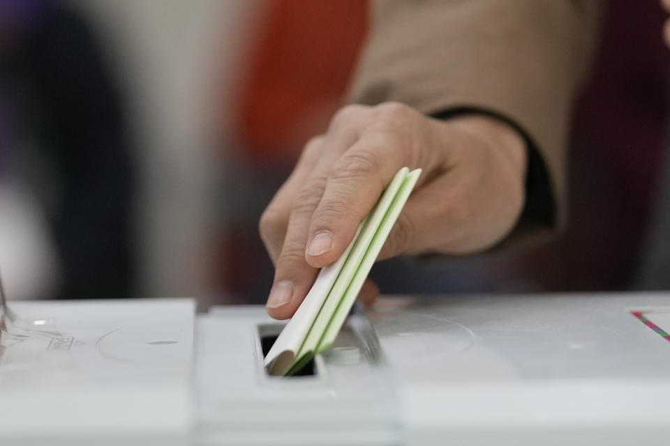 FILE - A voter casts their ballot for the parliamentary election at a local polling station in Seoul, South Korea, Wednesday, April 10, 2024. (AP Photo/Lee Jin-man, File)