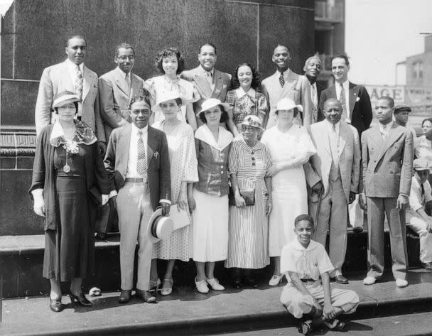 PHOTO: Various dignitaries are shown in this group portrait taken at the Bud Billiken parade in Chicago in 1934. Among those pictured are the parade's founder, Robert Sengstacke Abbott, and musicians Duke Ellington and Earl Hines. (Robert Abbott Sengstacke/The Abbott Sengstacke Family Papers via Getty Images)