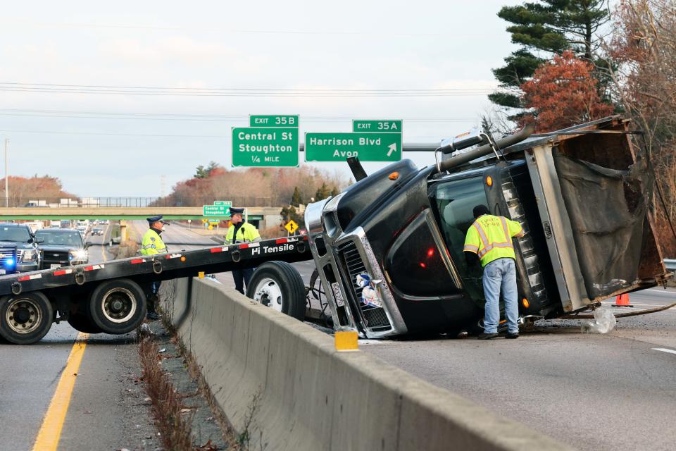 A tractor-trailer rolled over on Route 24 between Avon and Brockton on Saturday morning, Nov. 27, 2021, causing both lanes to be temporarily shut down.