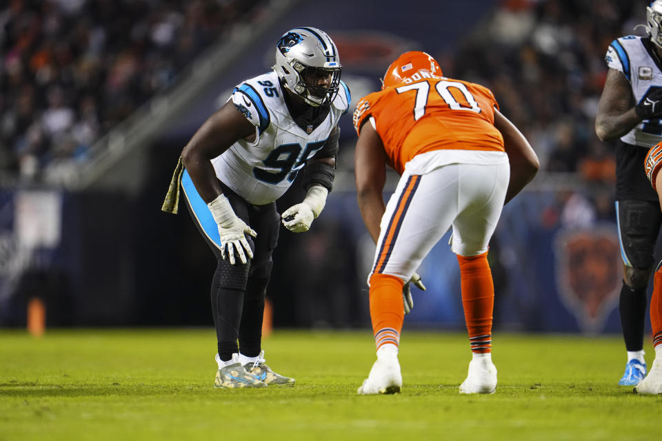 CHICAGO, IL - NOVEMBER 09: Derrick Brown #95 of the Carolina Panthers lines up during an NFL football game against the Chicago Bears at Soldier Field on November 9, 2023 in Chicago, Illinois. (Photo by Cooper Neill/Getty Images)