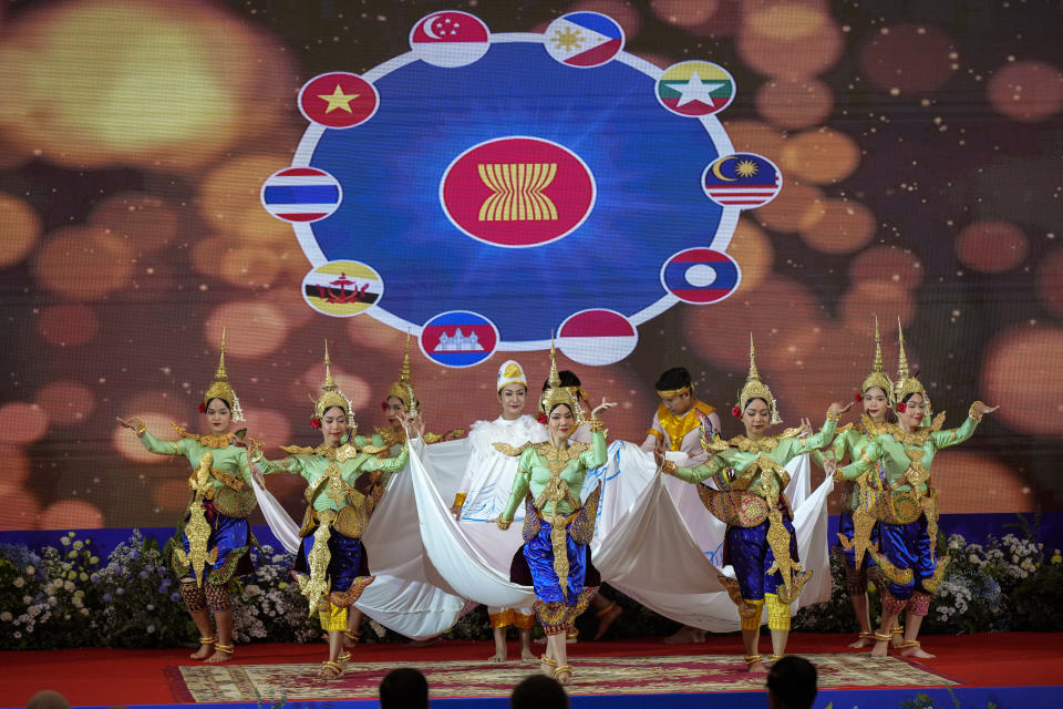 Cambodian dancers perform during the opening ceremony of the 40th and 41st ASEAN Summits (Association of Southeast Asian Nations) in Phnom Penh, Cambodia, Friday, Nov. 11, 2022. The ASEAN summit kicks off a series of three top-level meetings in Asia, with the Group of 20 summit in Bali to follow and then the Asia Pacific Economic Cooperation forum in Bangkok. (AP Photo/Vincent Thian)