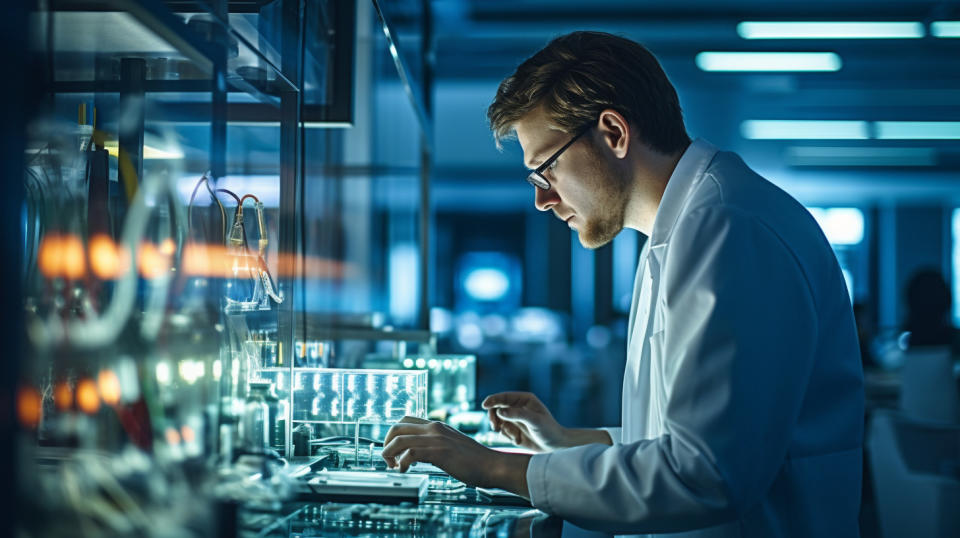 A technician inspecting a newly manufactured electric component in a modern lab.