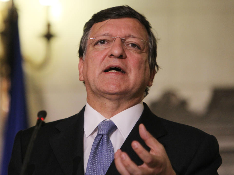 European Commission President Jose Manuel Barroso makes statements to the media at Maximos mansion in Athens, Thursday, July 26, 2012. International debt inspectors started new talks Thursday with the Greek government that will determine whether the country keeps receiving vital rescue loans or is forced to default and potentially leave the common European currency union. (AP Photo/Thanassis Stavrakis)