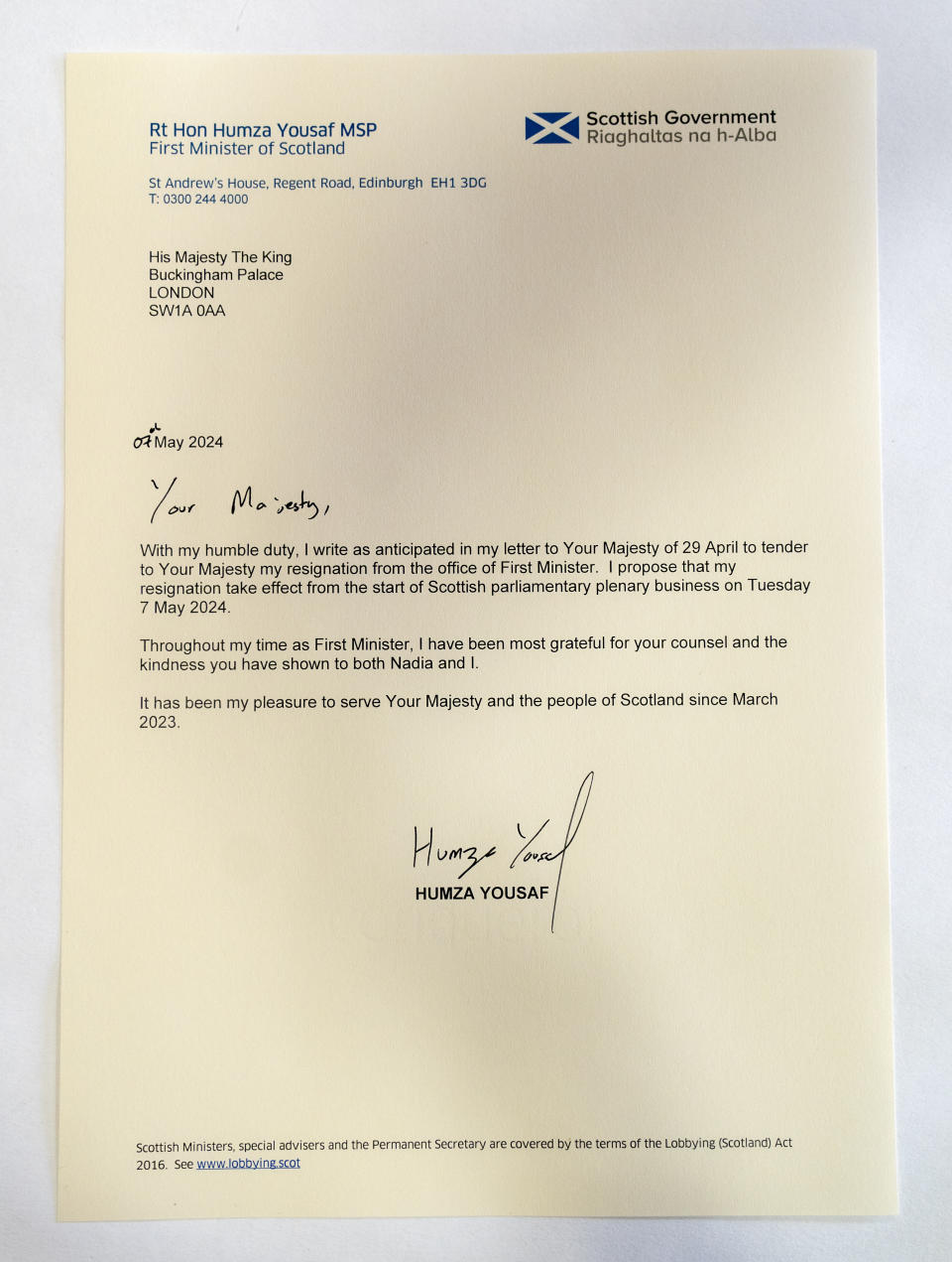 Humza Yousaf’s resignation letter to the King (Jane Barlow/PA)