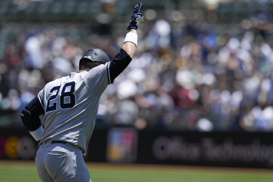New York Yankees' Josh Donaldson runs the bases after hitting a two-run home run against the Oakland Athletics during the sixth inning of a baseball game in Oakland, Calif., Thursday, June 29, 2023. (AP Photo/Godofredo A. Vásquez)