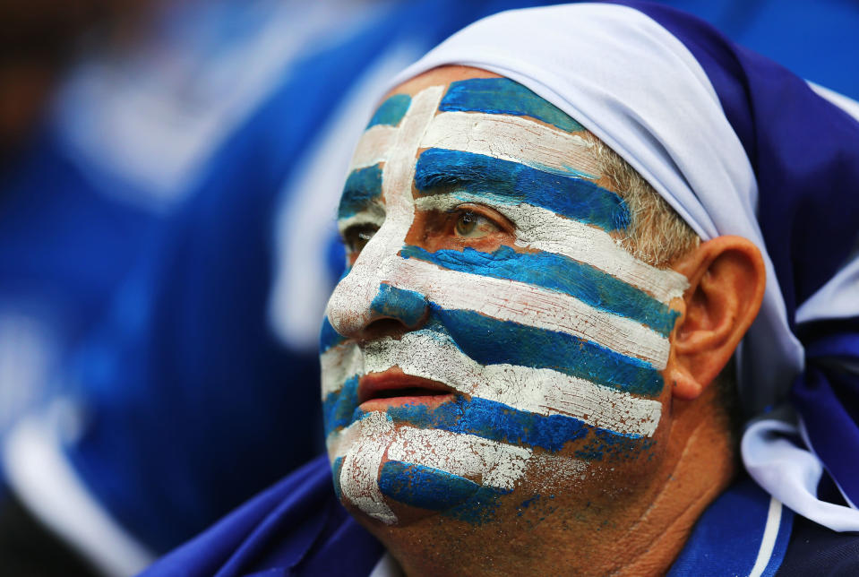 GDANSK, POLAND - JUNE 22: A Greece fan looks on during the UEFA EURO 2012 quarter final match between Germany and Greece at The Municipal Stadium on June 22, 2012 in Gdansk, Poland. (Photo by Alex Grimm/Getty Images)