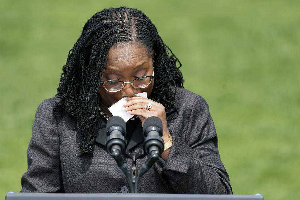 Judge Ketanji Brown Jackson tears up as she speaks during an event on the South Lawn of the White House in Washington, Friday, April 8, 2022, celebrating the confirmation of Jackson as the first Black woman to reach the Supreme Court. (AP Photo/Andrew Harnik)