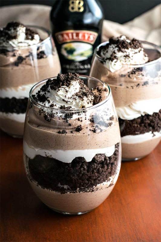 <p>HomemadeHooplah.com</p><p>These Baileys Irish Cream cookies and cream parfaits are a decadent dessert packed with layers of thick chocolate cream, boozy Baileys cream, and crumbled Oreo cookies.</p><p><strong>Get the recipe here: <a href="http://homemadehooplah.com/recipes/baileys-cookies-cream-parfaits/" rel="nofollow noopener" target="_blank" data-ylk="slk:Baileys Cookies and Cream Parfaits;elm:context_link;itc:0;sec:content-canvas" class="link ">Baileys Cookies and Cream Parfaits</a></strong></p>