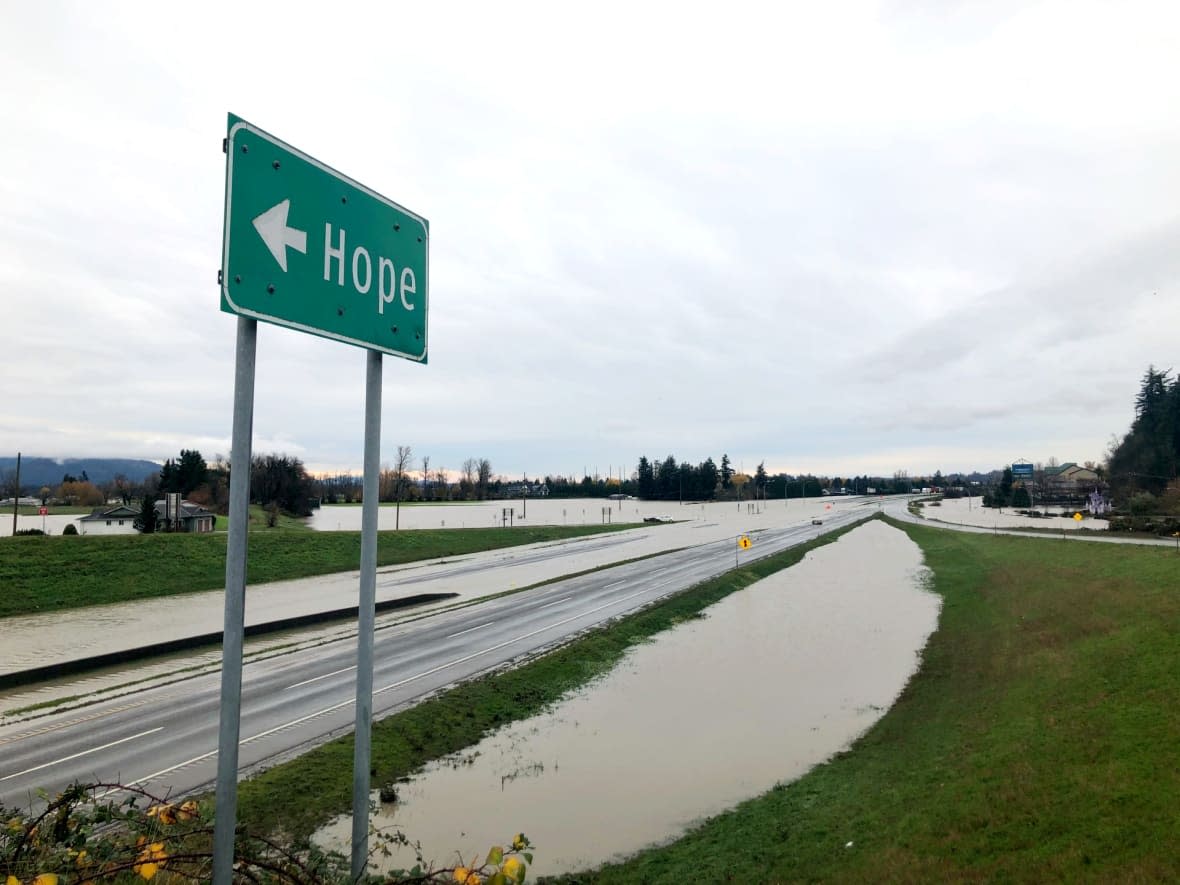 A view of Highway 1 from Abbotsford, B.C. The closures of Highway 1 in the Fraser Valley, along with the closure of other highways around the province, mean the Lower Mainland is nearly cut off from the rest of the province. (Carly Thomas/CBC - image credit)