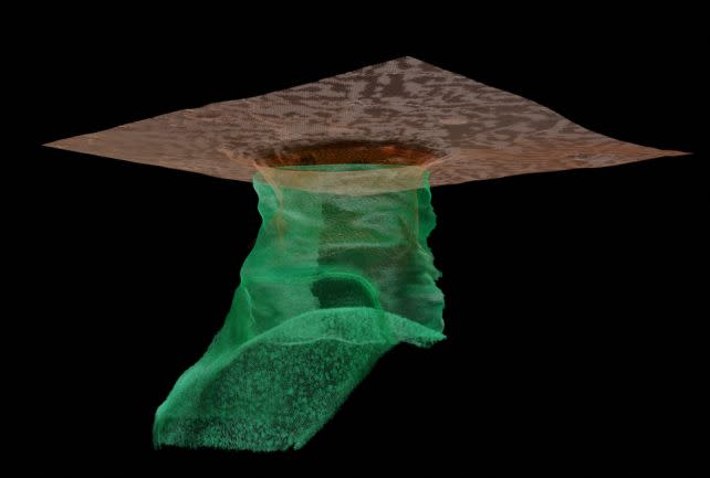 A simulation of the cave extending down from Mare Tranquillitatis. (<a href="https://pressroom.unitn.it/comunicato-stampa/existence-lunar-lava-tube-cave-demonstrated" rel="nofollow noopener" target="_blank" data-ylk="slk:University of Trento;elm:context_link;itc:0;sec:content-canvas" class="link ">University of Trento</a>)