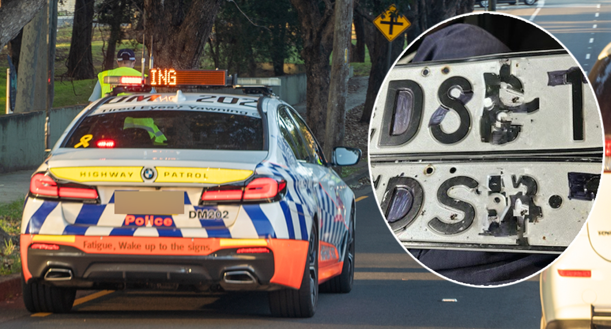 A NSW Police car by the side of the road and an inset of a number plate which was tampered with.