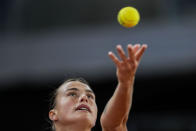 Aryna Sabalenka, of Belarus, serves a ball to Mirra Andreeva, of Russia, during the Mutua Madrid Open tennis tournament in Madrid, Wednesday, May 1, 2024. (AP Photo/Manu Fernandez)
