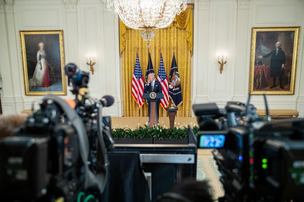 US President Joe Biden delivers remarks on the efforts to get more Americans vaccinated and the spread of the Delta variant in East Room of the White House in Washington, DC, USA, 29 July 2021 (EPA)