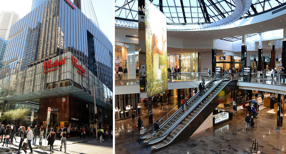 A 50/50 photo of the Westfield in Sydney's Pitt Street Mall and inside a Westfield in Melbourne. 