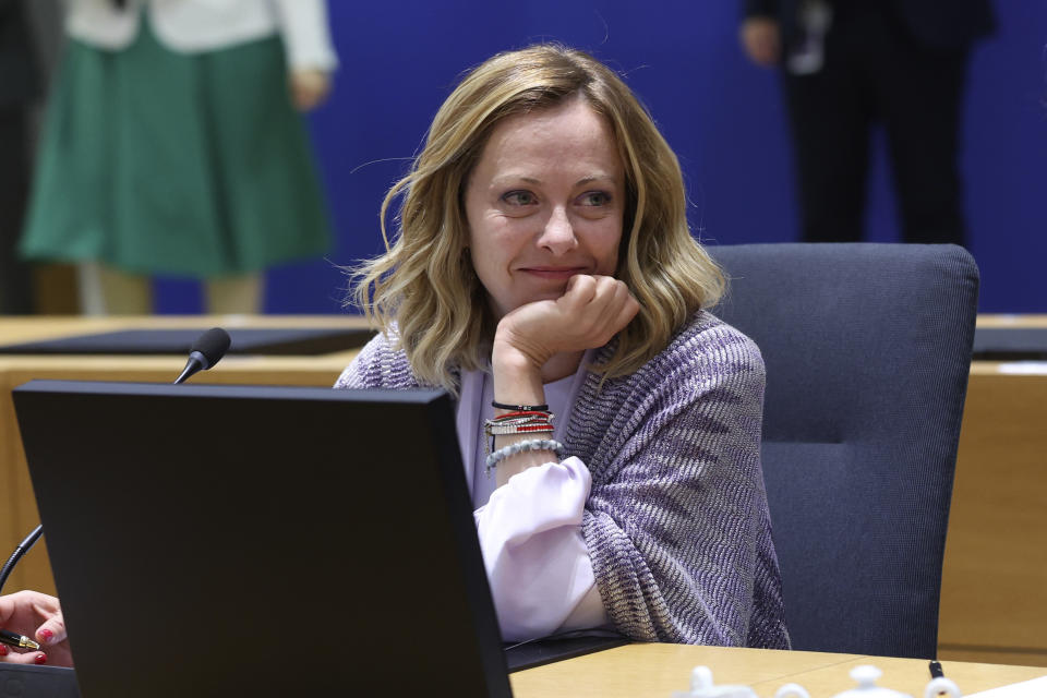 Italy's Prime Minister Giorgia Meloni waits for the start of a round table meeting at an EU summit in Brussels, Thursday, June 27, 2024. European Union leaders are expected on Thursday to discuss the next EU top jobs, as well as the situation in the Middle East and Ukraine, security and defence and EU competitiveness. (Olivier Hoslet, Pool Photo via AP)