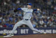 Kansas City Royals pitcher Cole Ragans (55) works against the Toronto Blue Jays during the seventh inning of a baseball game, Tuesday, April 30, 2024 in Toronto.(Nathan Denette/The Canadian Press via AP)