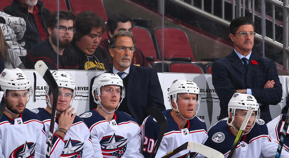 GLENDALE, ARIZONA - NOVEMBER 07: Head coach John Tortorella of the Columbus Blue Jackets watches from the bench during the first period of the NHL game against the Arizona Coyotes at Gila River Arena on November 07, 2019 in Glendale, Arizona. (Photo by Christian Petersen/Getty Images)