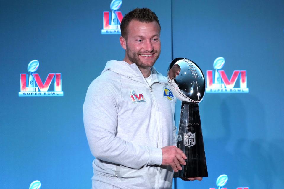 Feb 14, 2022; Los Angeles, CA, USA; Los Angeles Rams coach Sean McVay poses with the Vince Lombardi trophy during Super Bowl LVI winning coach and most valuable player press conference at the Los Angeles Convention Center. Mandatory Credit: Kirby Lee-USA TODAY Sports