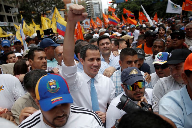 Venezuela's National Assembly President and opposition leader Juan Guaido, who many nations have recognised as the country's rightful interim ruler, takes part in a demonstration in Caracas