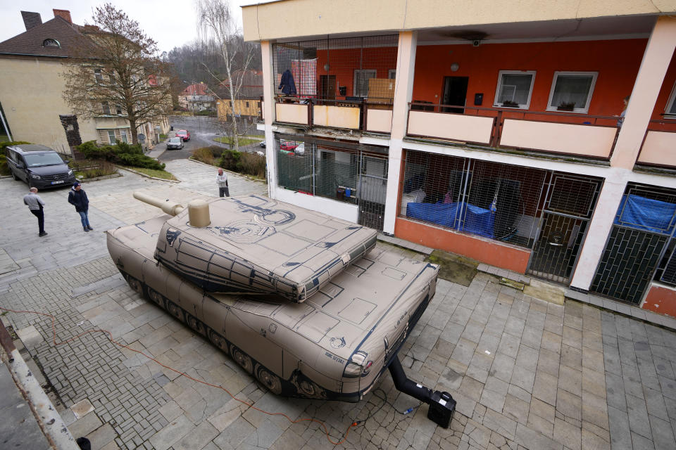 An inflatable decoy of an Abrams tank is presented to media in Decin, Czech Republic, Monday, March 6, 2023. Czech company, Inflatech, has made a wide range of replicas of heavy arms, be it tanks, armoured vehicles, aircraft or artillery, including U.S.-made HIMARS rocket system, the weapons that were among the billions of dollars in Western military aid that has helped Ukraine fight off the Russians since the Feb. 24 invasion. (AP Photo/Petr David Josek)