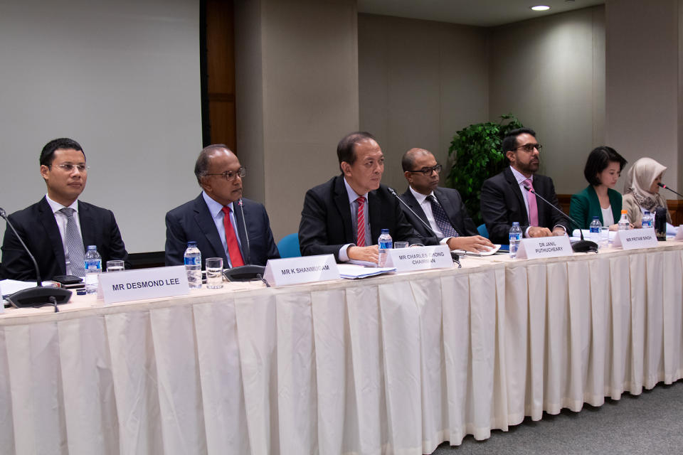 Members of the Select Committee on Deliberate Online Falsehoods: (From left) Desmond Lee, K Shanmugam, Charles Chong, Janil Puthucheary, Pritam Singh, Sun Xueling and Rahayu Mahzam. (PHOTO: Dhany Osman / Yahoo News Singapore)