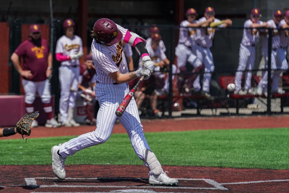 Bloomington North’s Caden McCoy hits a home run during the baseball game against Evansville North at Bloomington North on Saturday, May 11, 2024.